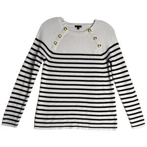 Talbots Cream Navy Nautical Crewneck Breton Stripe Sweater Sz S 100% Pima Cotton
